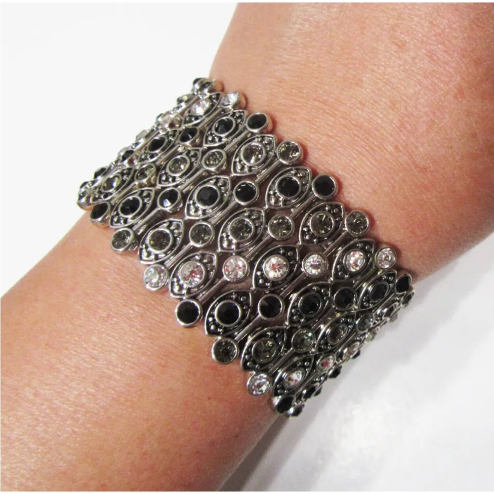 New Premier Designs stretch Bracelet. Silver w/ black, gray & clear rhinestones